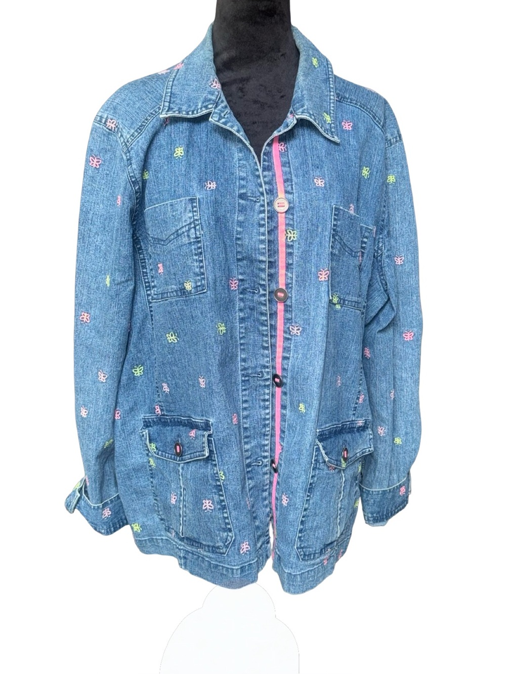 VTG ALFRED DUNNER‎ Denim Jacket BUTTERFLY EMBROIDERY multicolored size 16 or 1XL